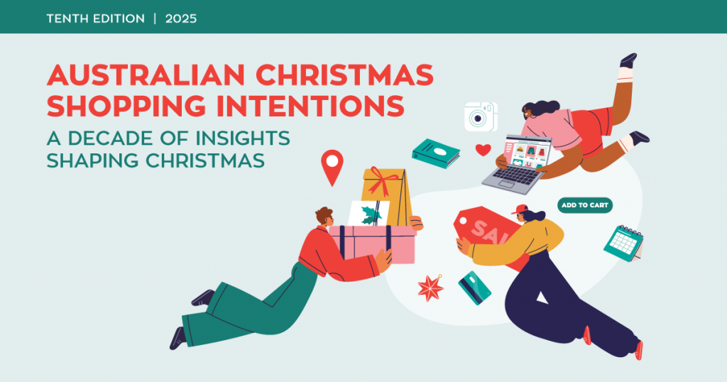 Illustration of shoppers shopping for Christmas gifts online and in-store, with icons of sales, payment cards, and presents, promoting the 2025 Australian Christmas Shopping Intentions Report – A Decade of Insights Shaping Christmas.