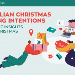 Illustration of shoppers shopping for Christmas gifts online and in-store, with icons of sales, payment cards, and presents, promoting the 2025 Australian Christmas Shopping Intentions Report – A Decade of Insights Shaping Christmas.